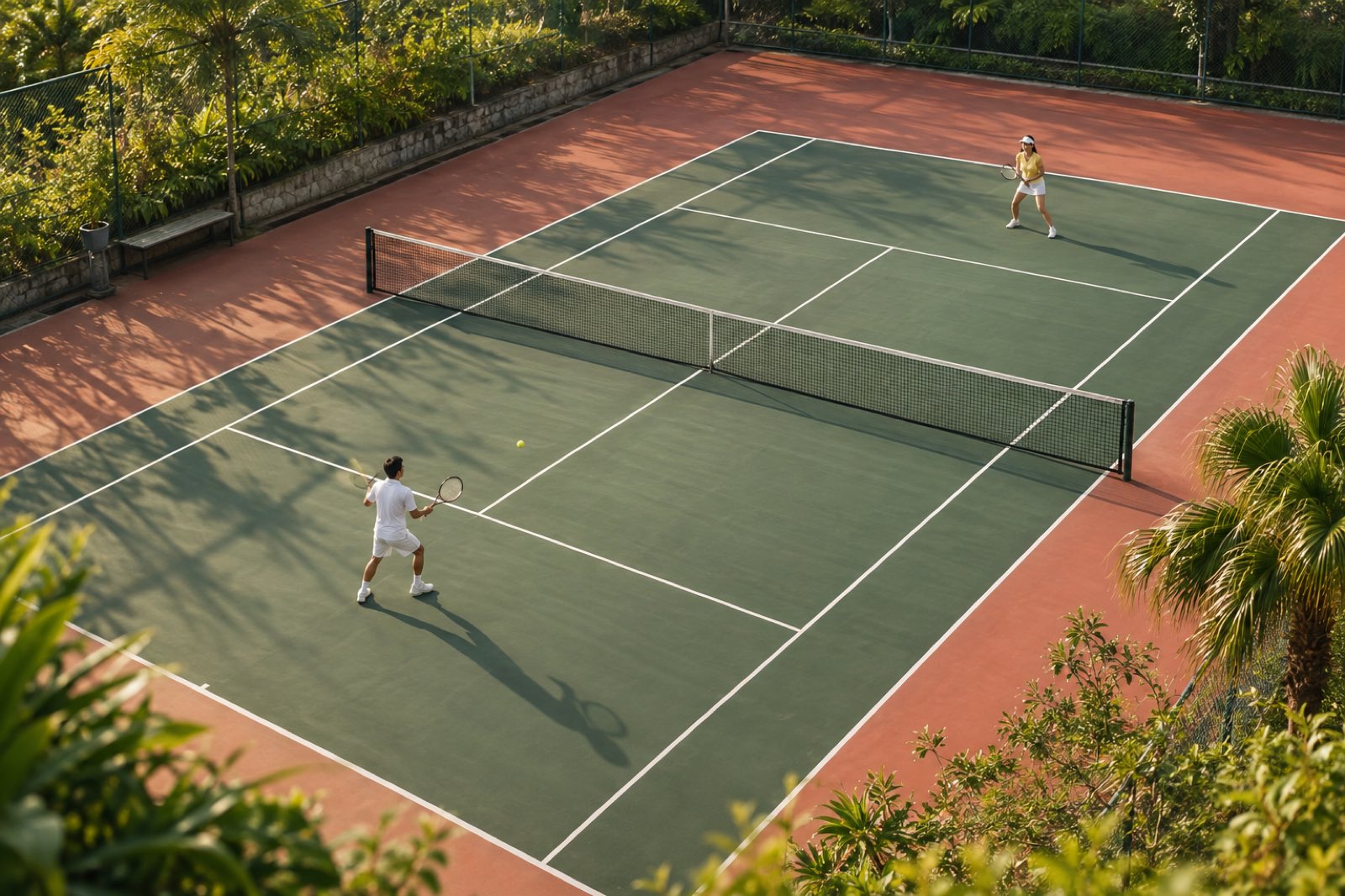 Illustrative image of two players on a sunlit tennis court
