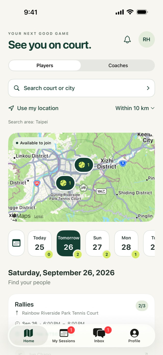 Tennis Social home screen with a map of nearby courts and open games