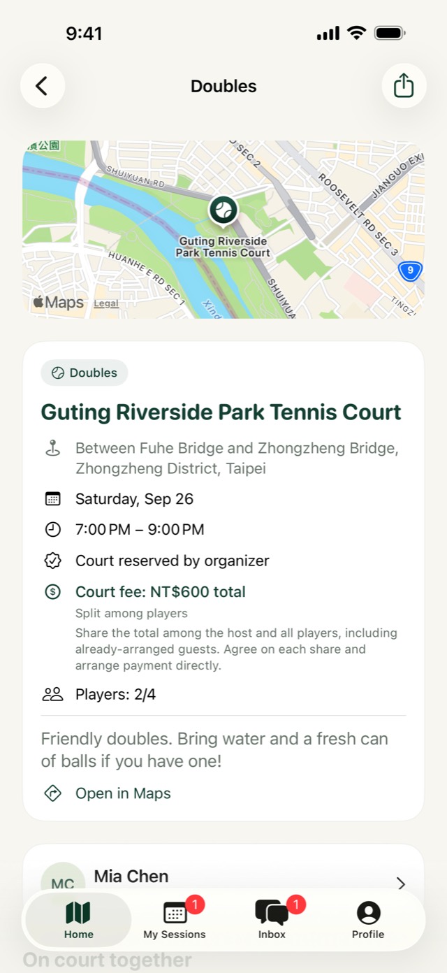 Session details showing the court, time, court fee, and players