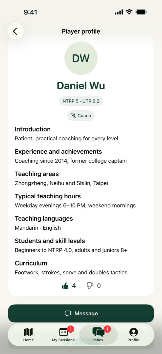 Coach profile with teaching areas, hours, and levels
